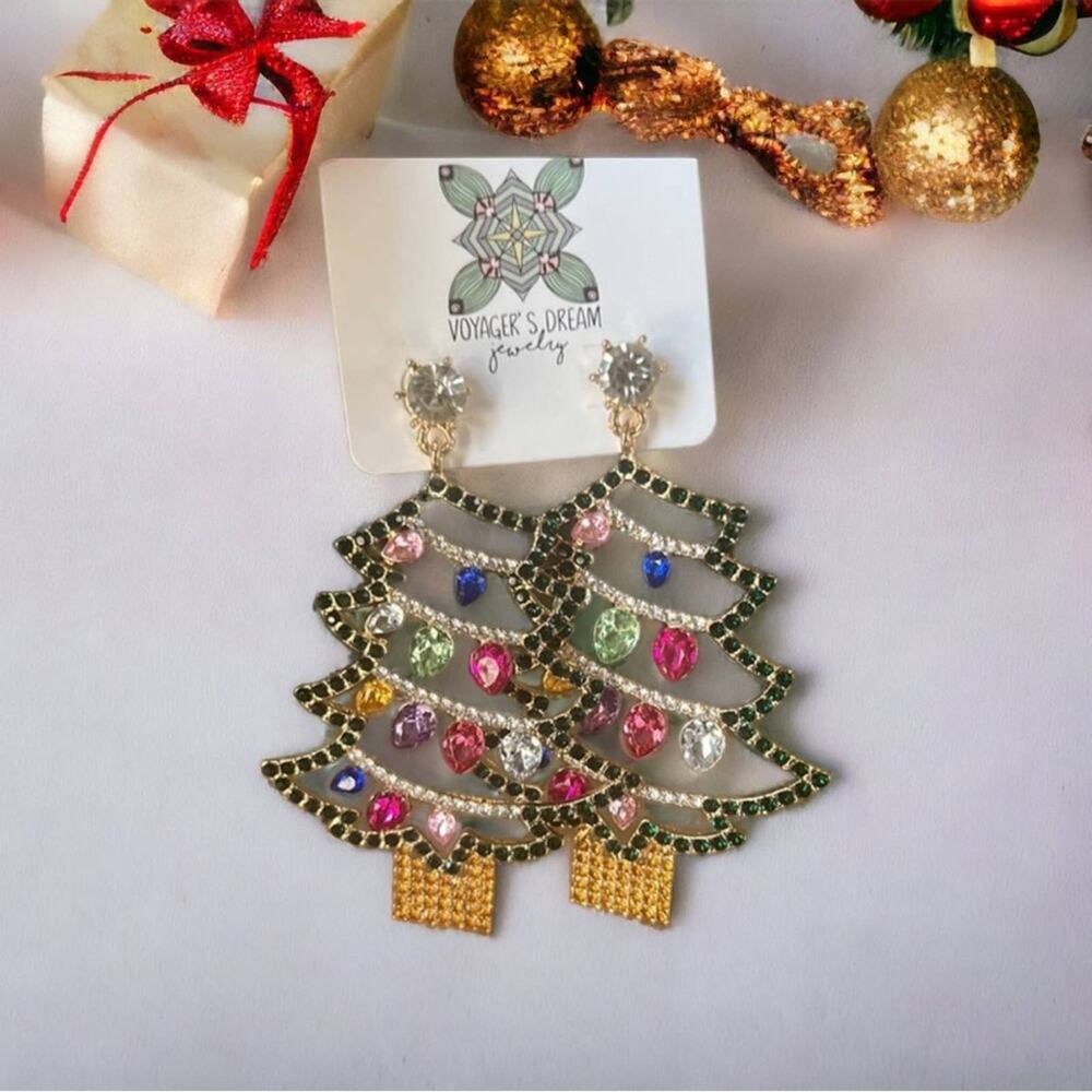 Christmas Tree BLING Holiday Drop Earrings Lights Rhinestones Dangle Colored NEW